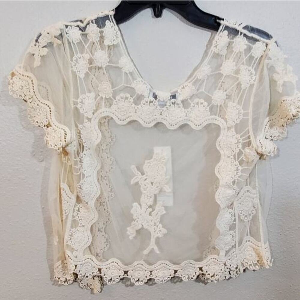 Pinky cream lace crocheted boloero jacket Cardigan‎ coverup Size Medium New - Picture 2 of 5